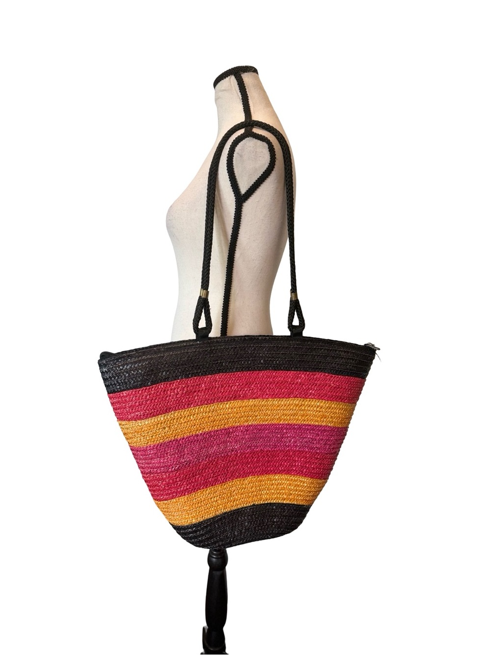 Unbranded Straw Tote Bag Pink Yellow Black Woven Beach Market Shoulder Bag
